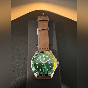 Three Leagues Artillery Green and Yellow Watch with Leather Strap